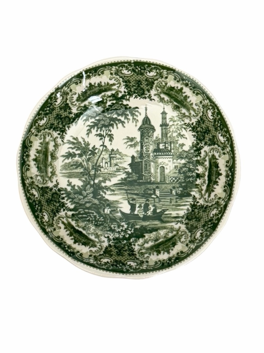 Vintage Green Transferware Scenic Bowl Cottage Lake Scene Floral Boarder
